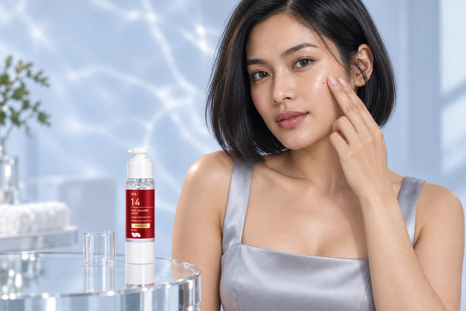 The model gently smoothing serum across her cheek with her fingertips