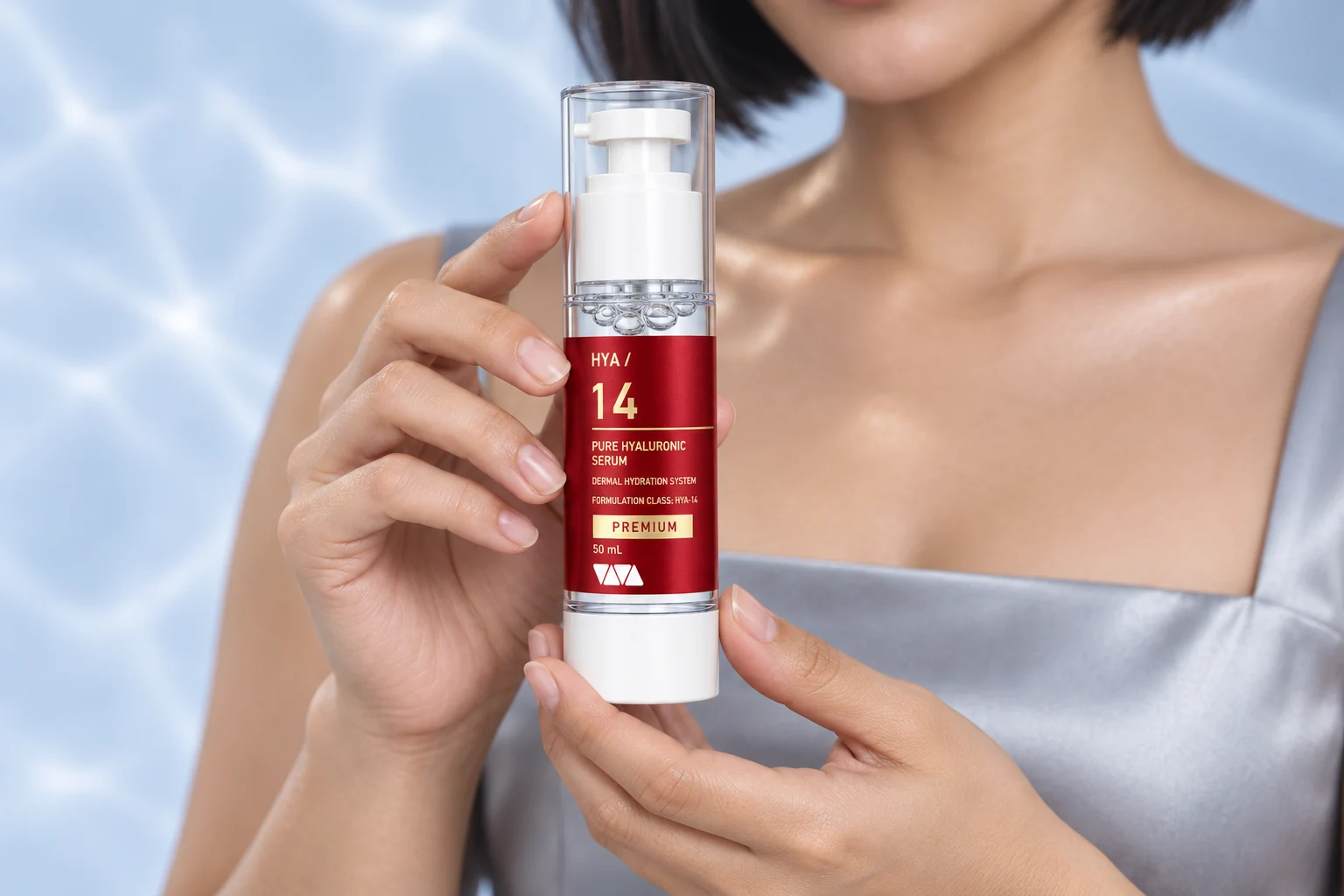 A close view of hands holding the red-and-gold HYA / 14 Premium bottle