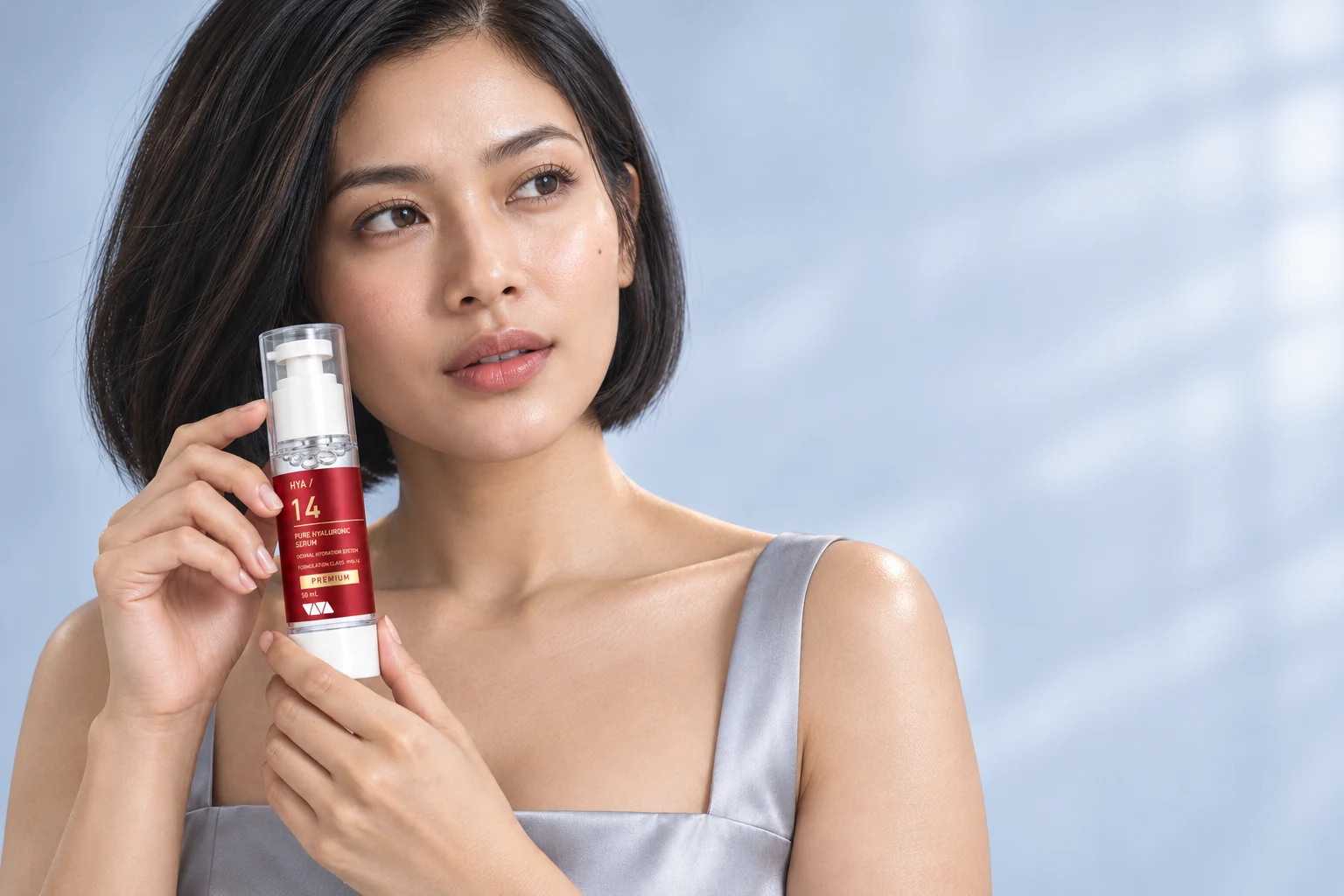 The bob-haired model in a pearl-grey satin top, with soft light across her cheek