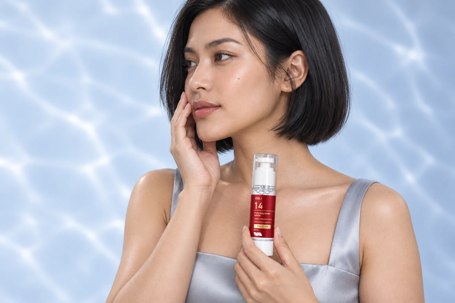 The model gently resting her fingertips near her cheek in a close beauty portrait