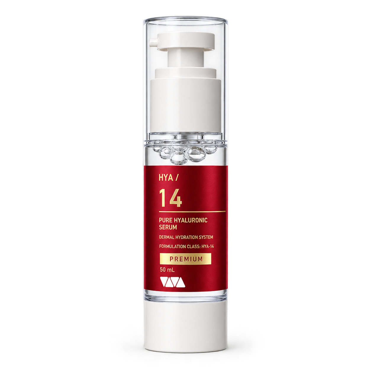 HYA / 14 Premium 50 ml airless bottle with a clear cap, white pump, and red label with gold lettering