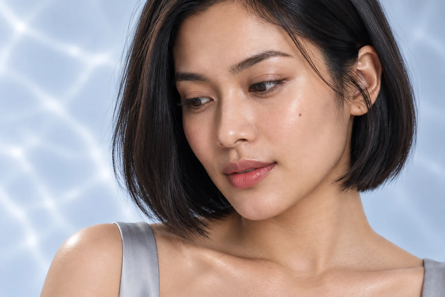A close portrait of the model with visible natural skin texture in cool, gentle light