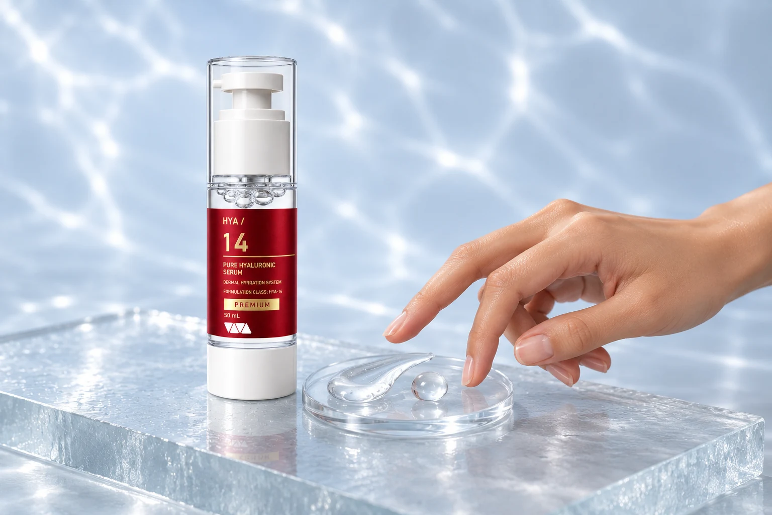 Clear serum texture beside the red-and-gold HYA / 14 Premium bottle on a cool studio surface